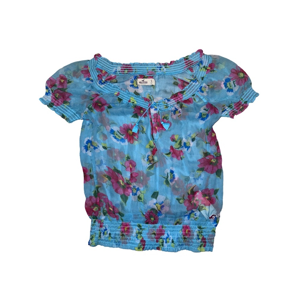 HOLLISTER Blue and Pink Floral Blouse with Puffed Sleeves - 2